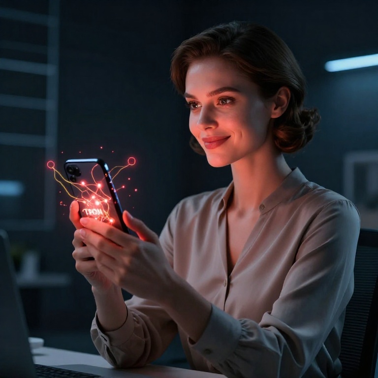 Элегантная женщина со смартфоном с визуализацией сети TRON — символ успешного снижения комиссий и пассивного дохода через TRON Energy API