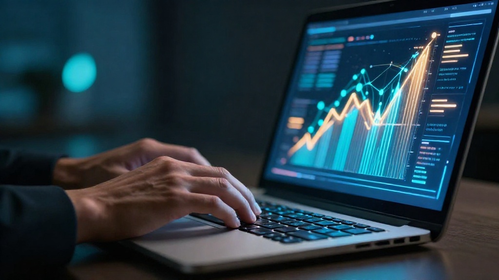 Руки профессионала работают с аналитикой SEO на ноутбуке, экран с яркими графиками роста и данными в премиальном стиле