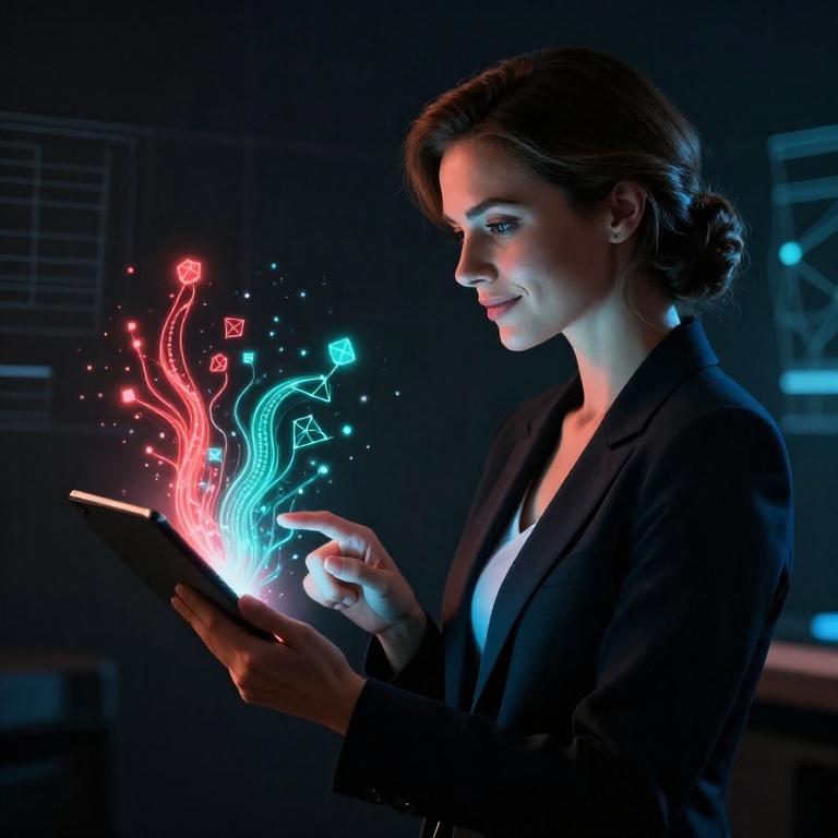 Женщина работает с криптовалютным интерфейсом на планшете, абстрактная визуализация блокчейн-сети Tron и потоков энергии